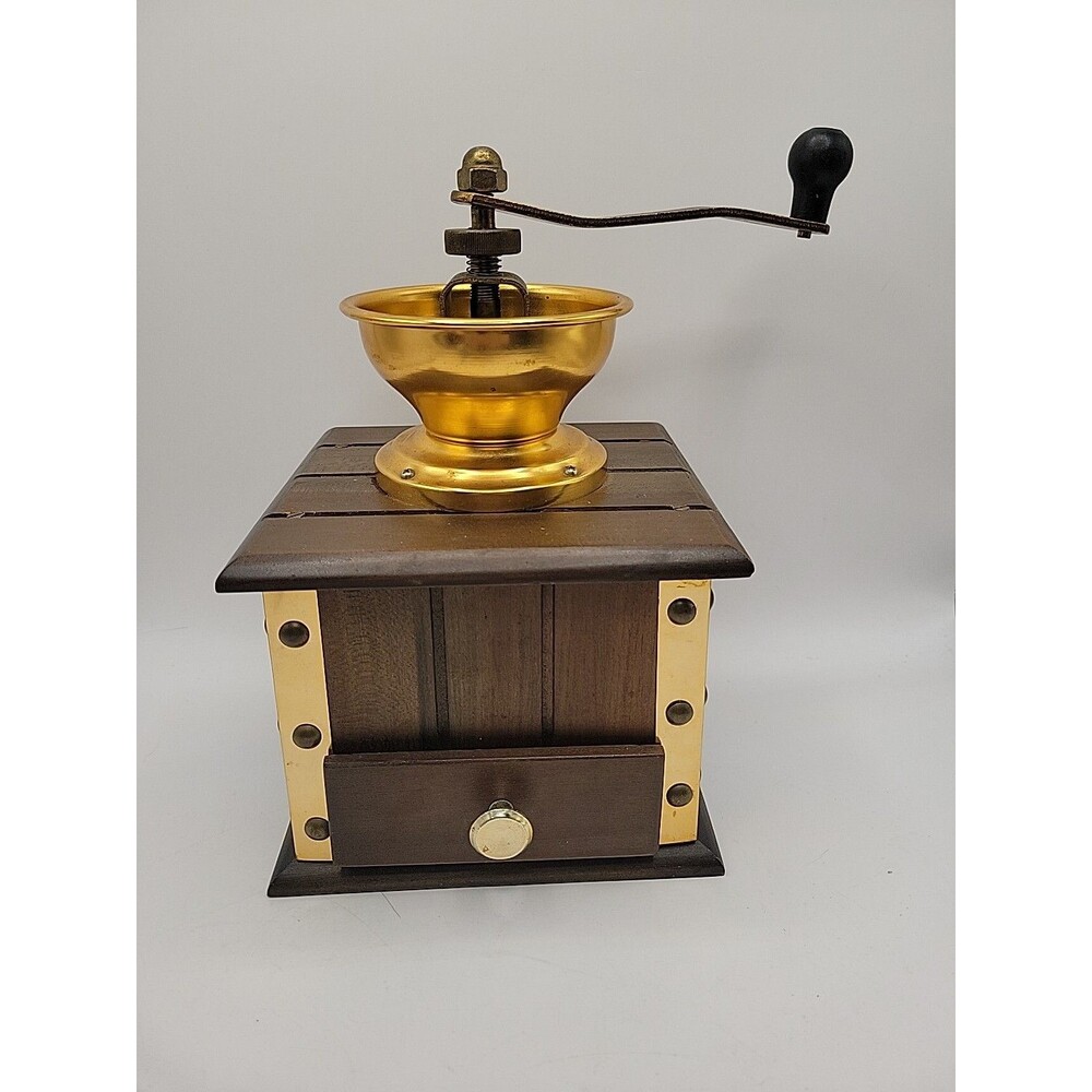 Vintage Nasco Manual Coffee Grinder Wood Brass Hand Crank Mill Farmhouse Decor